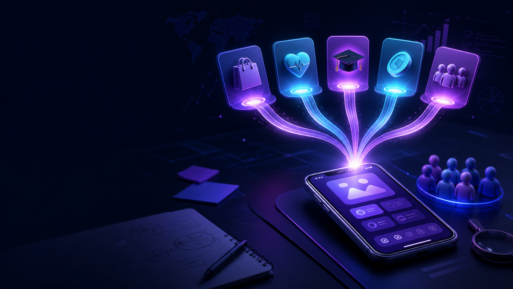 Five app business concept cards flowing into a mobile app