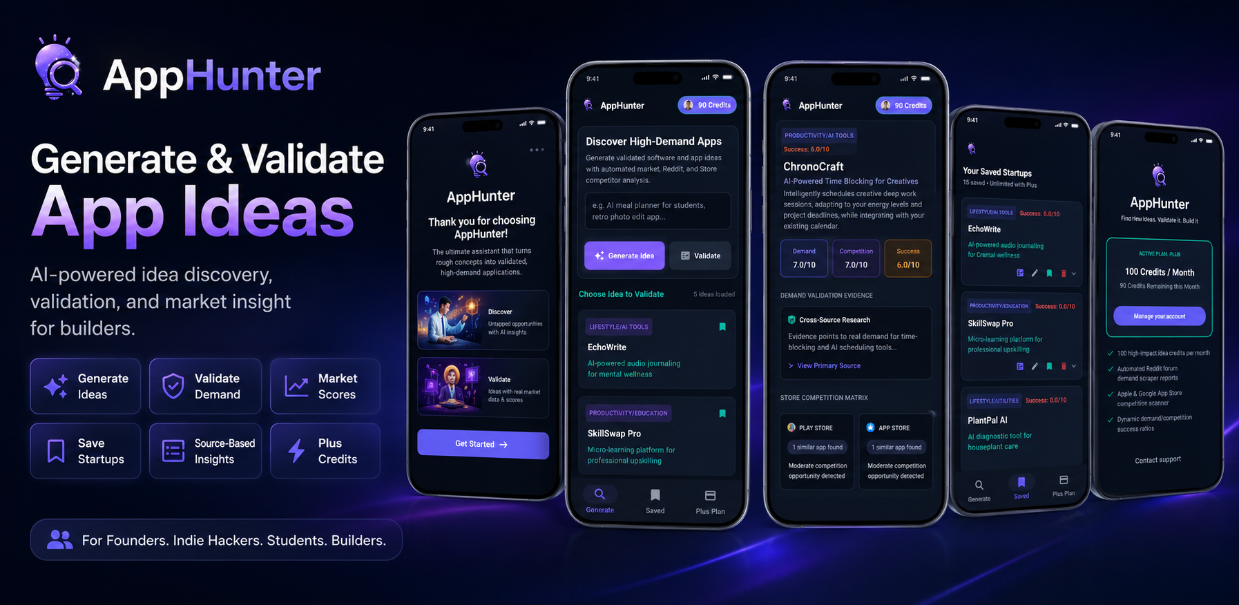 AppHunter app screens showing idea generation and validation
