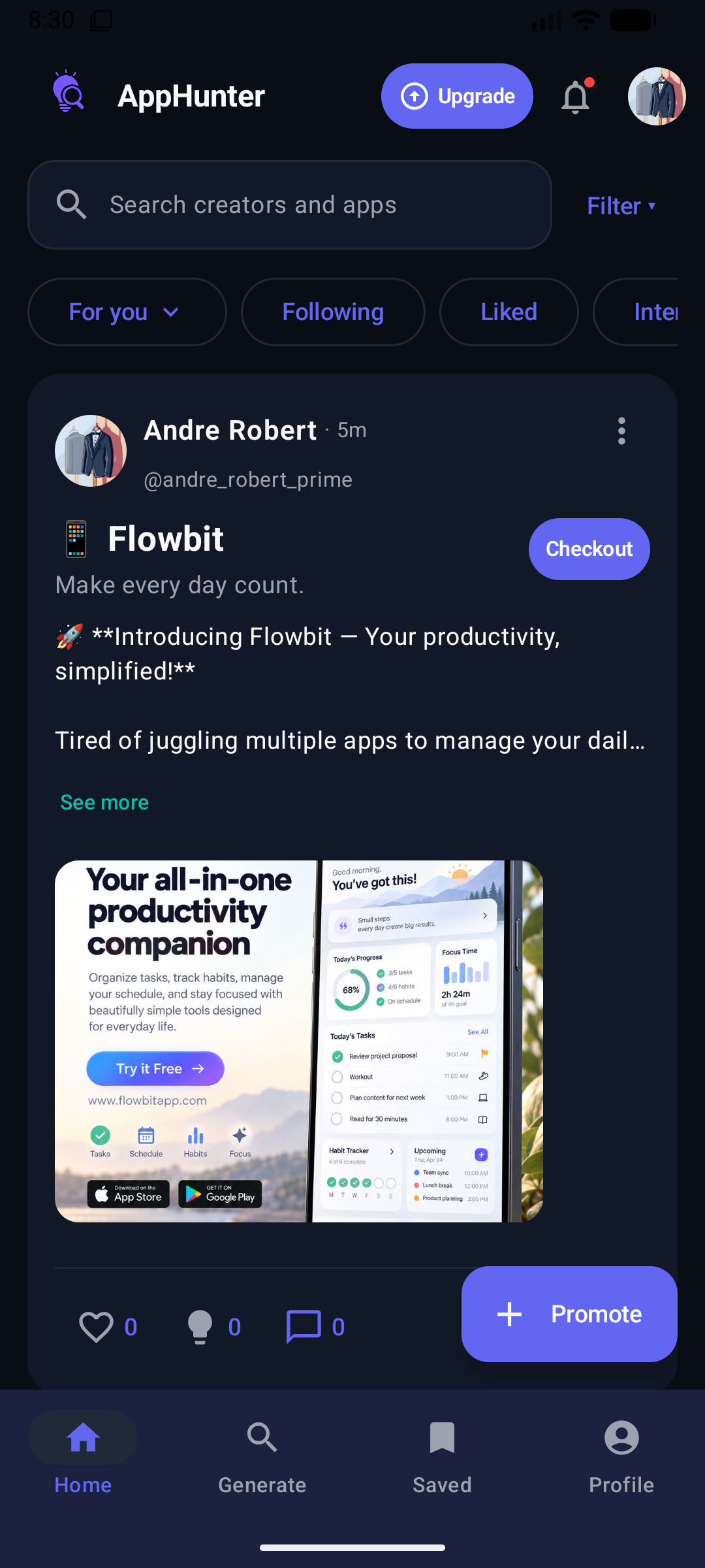 AppHunter community feed with creator profiles, app discovery, comments, reactions, and product images