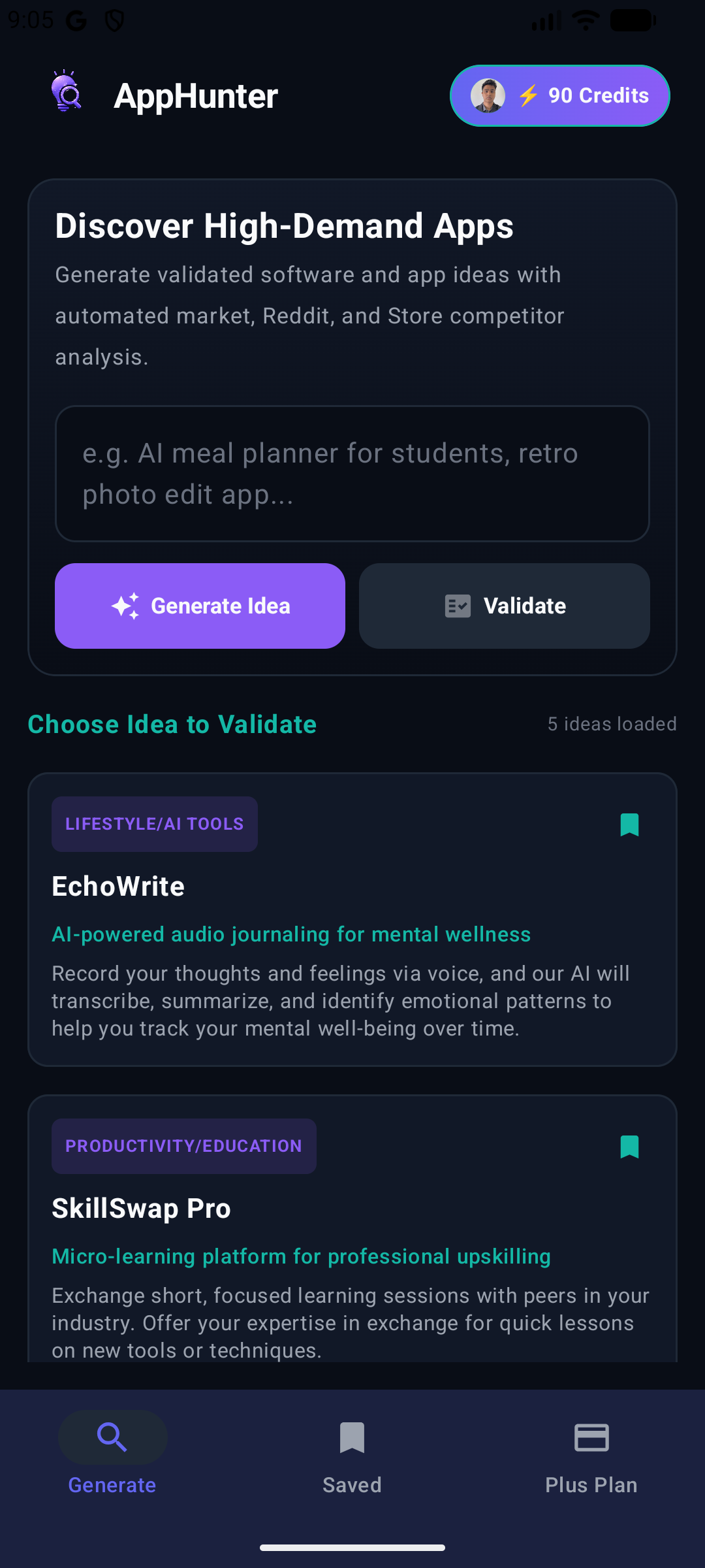 AppHunter mobile app showing idea discovery